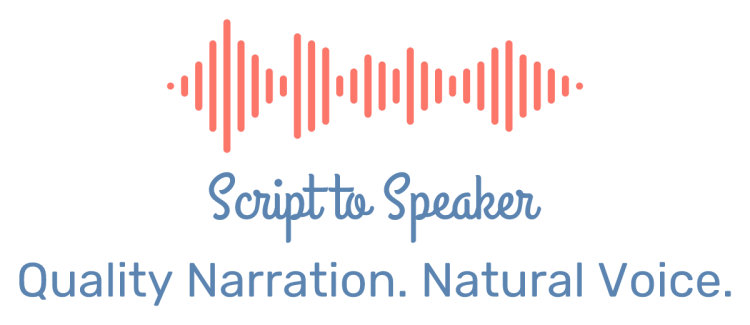 Script to Speaker logo with tagline "Quality Narration. Natural Voice.